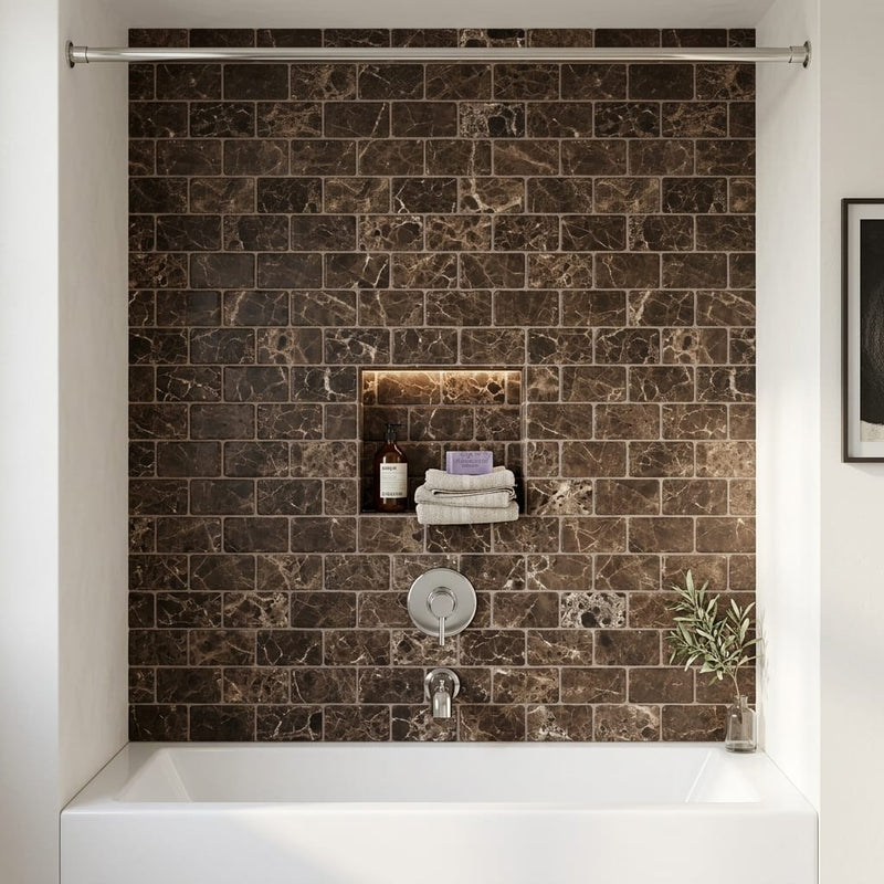 Emperador Dark (Spanish) Marble 3x6 Tumbled Tile — Bathroom tub surround