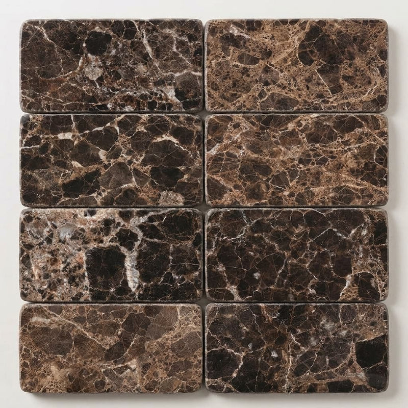 Emperador Dark (Spanish) Marble 3x6 Tumbled Tile close-up