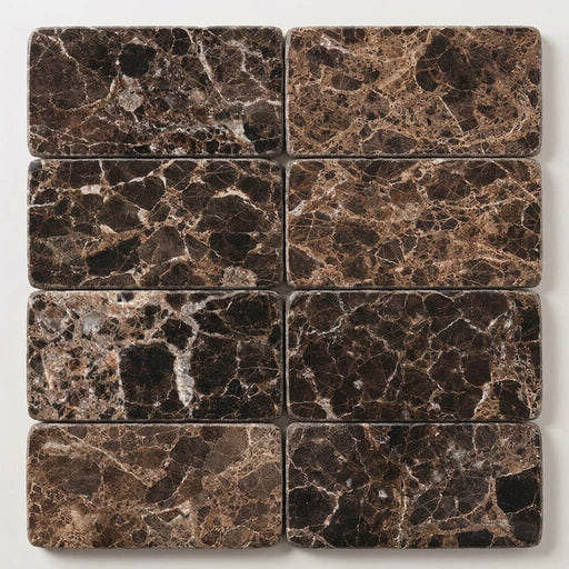 Emperador Dark (Spanish) Marble 3x6 Tumbled Tile close-up