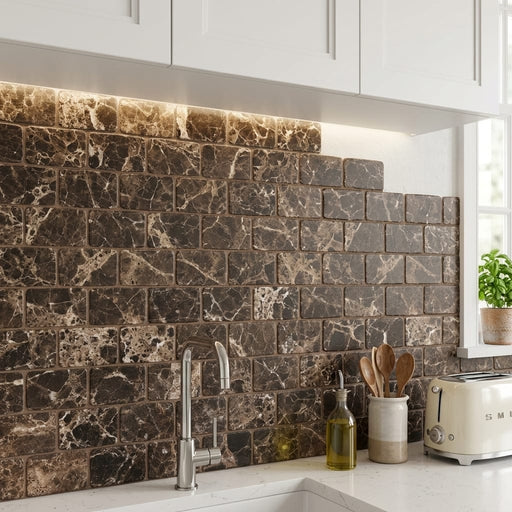 Emperador Dark (Spanish) Marble 3x6 Tumbled Tile — Kitchen backsplash
