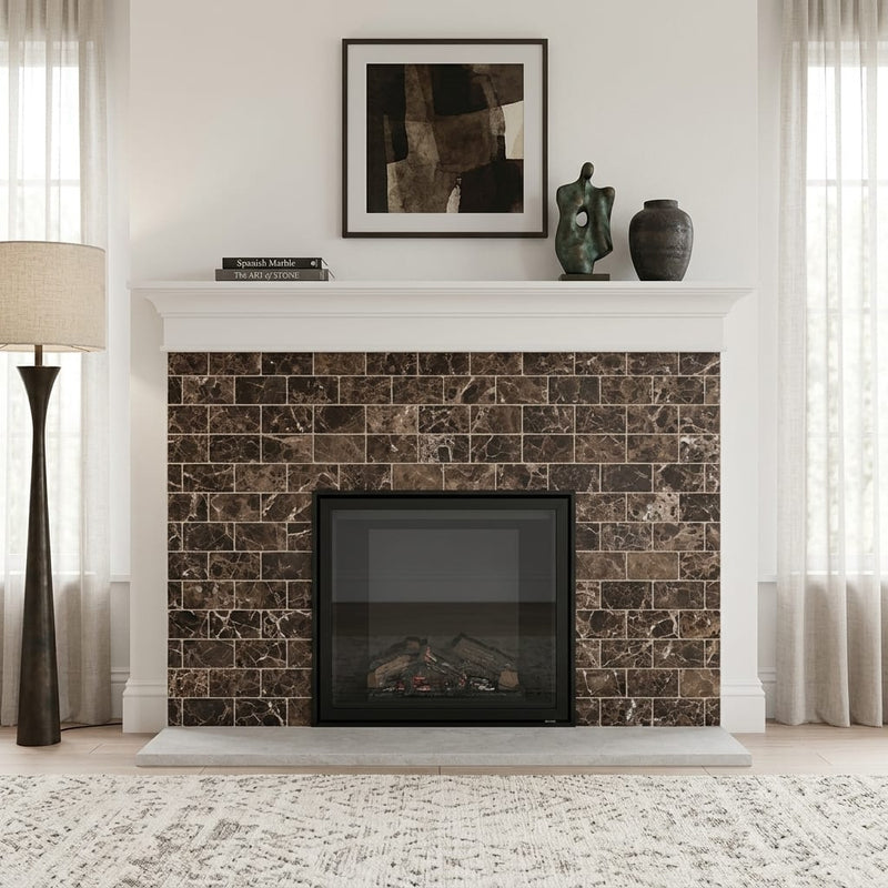 Emperador Dark (Spanish) Marble 3x6 Tumbled Tile — Living Room fireplace surround
