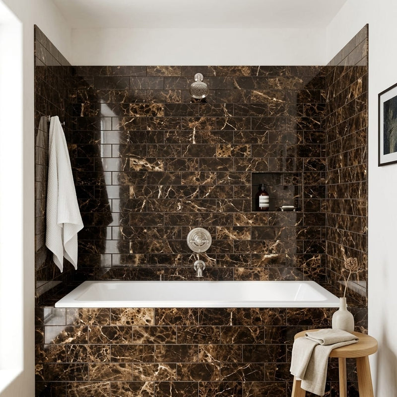 Emperador Dark (Spanish) Marble 4x12 Polished Tile — Bathroom tub surround