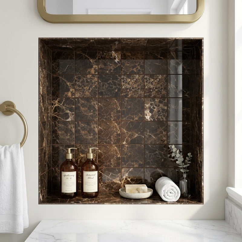 Emperador Dark (Spanish) Marble 4x4 Polished Tile — Bathroom niche