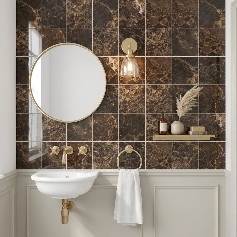 Emperador Dark (Spanish) Marble 4x4 Polished Tile — Powder Room wall