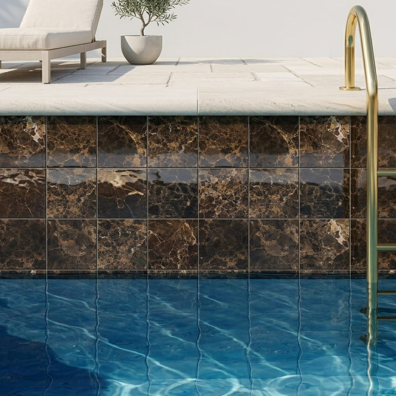 Emperador Dark (Spanish) Marble 4x4 Polished Tile — Swimming Pool waterline
