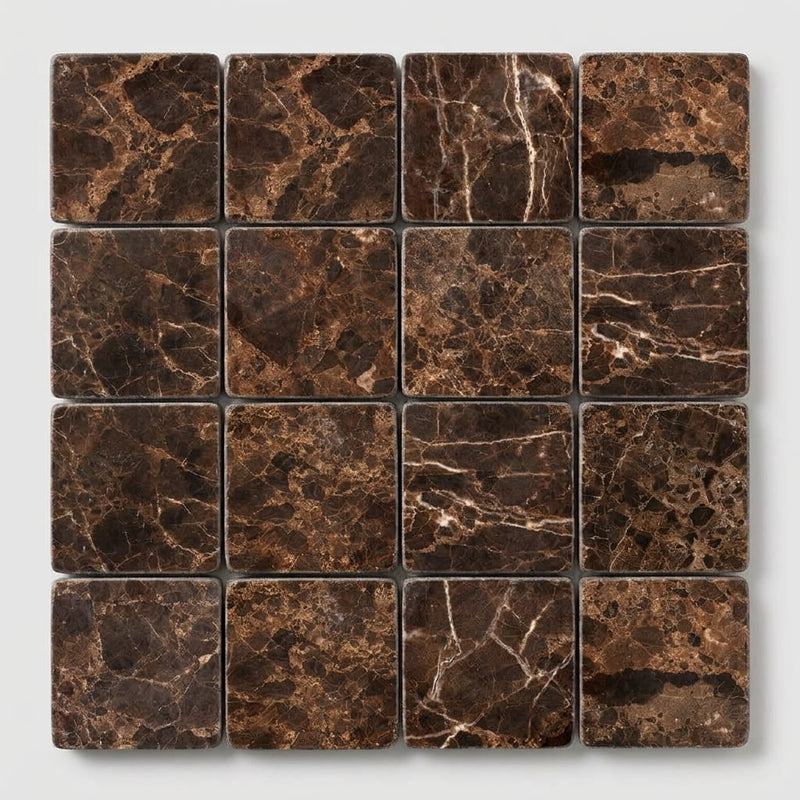 Emperador Dark (Spanish) Marble 4x4 Tumbled Tile close-up
