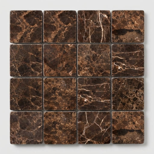 Emperador Dark (Spanish) Marble 4x4 Tumbled Tile close-up