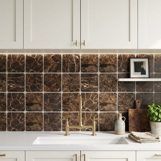 Emperador Dark (Spanish) Marble 4x4 Tumbled Tile — Kitchen backsplash