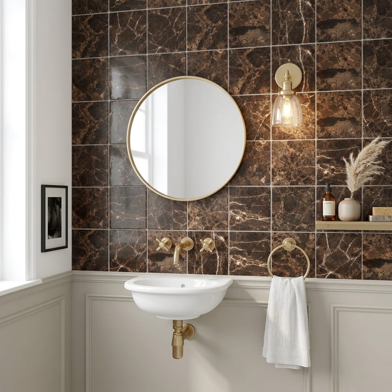 Emperador Dark (Spanish) Marble 4x4 Tumbled Tile — Powder Room wall
