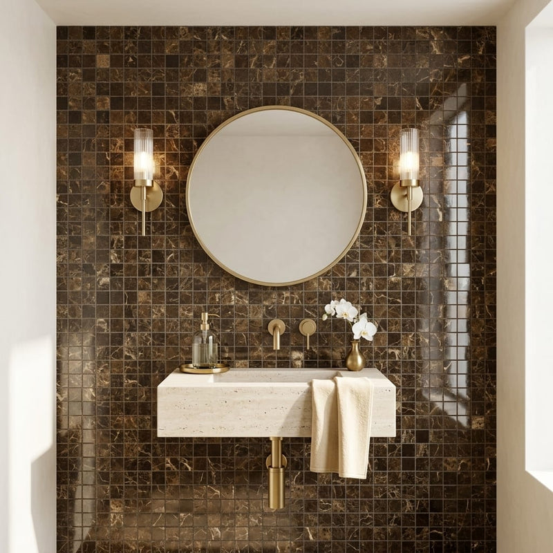 Emperador Dark (Spanish) Marble 5/8x5/8 Polished Mosaic — Powder Room wall