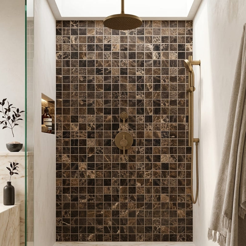Emperador Dark (Spanish) Marble 5/8x5/8 Tumbled Mosaic — Bathroom shower wall