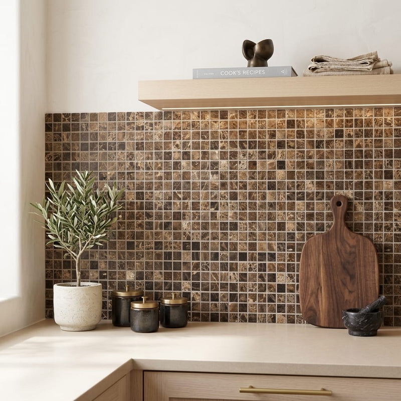 Emperador Dark (Spanish) Marble 5/8x5/8 Tumbled Mosaic — Kitchen backsplash