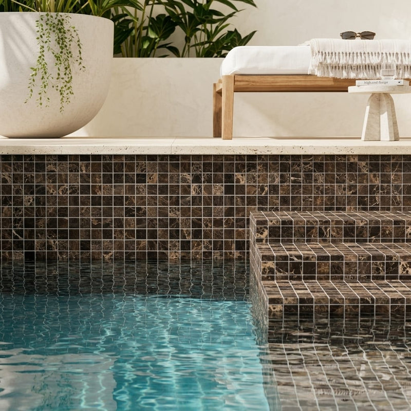 Emperador Dark (Spanish) Marble 5/8x5/8 Tumbled Mosaic — Swimming Pool pool interior tiling