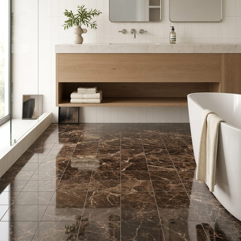 Emperador Dark (Spanish) Marble 6x12 Polished Tile — Bathroom floor