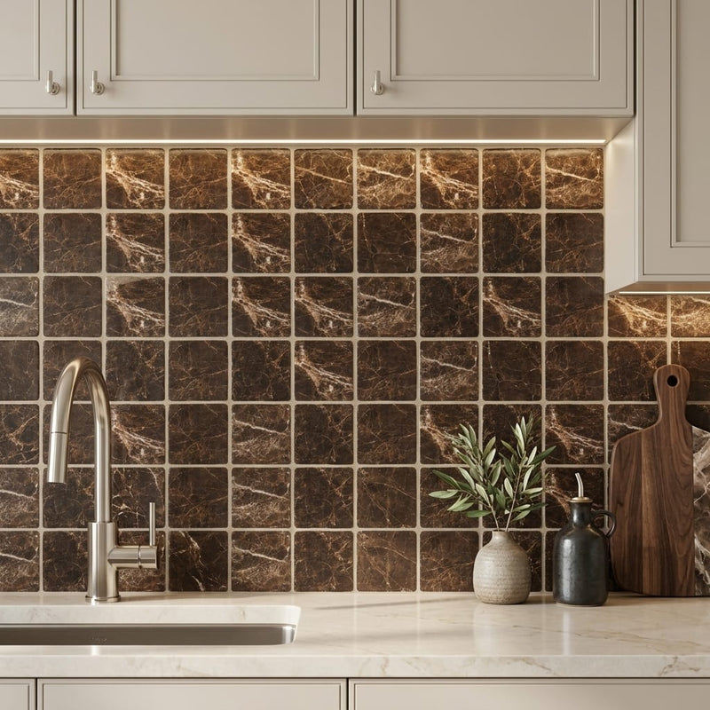 Emperador Dark (Spanish) Marble 6x6 Tumbled Tile — Kitchen backsplash