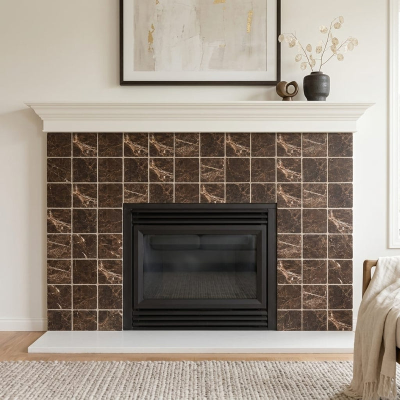 Emperador Dark (Spanish) Marble 6x6 Tumbled Tile — Living Room fireplace surround