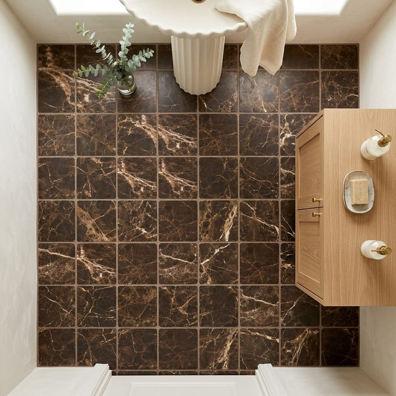Emperador Dark (Spanish) Marble 6x6 Tumbled Tile — Powder Room floor