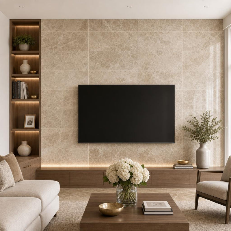 Emperador Light 12x24 Polished Marble Tile — Living Room feature wall