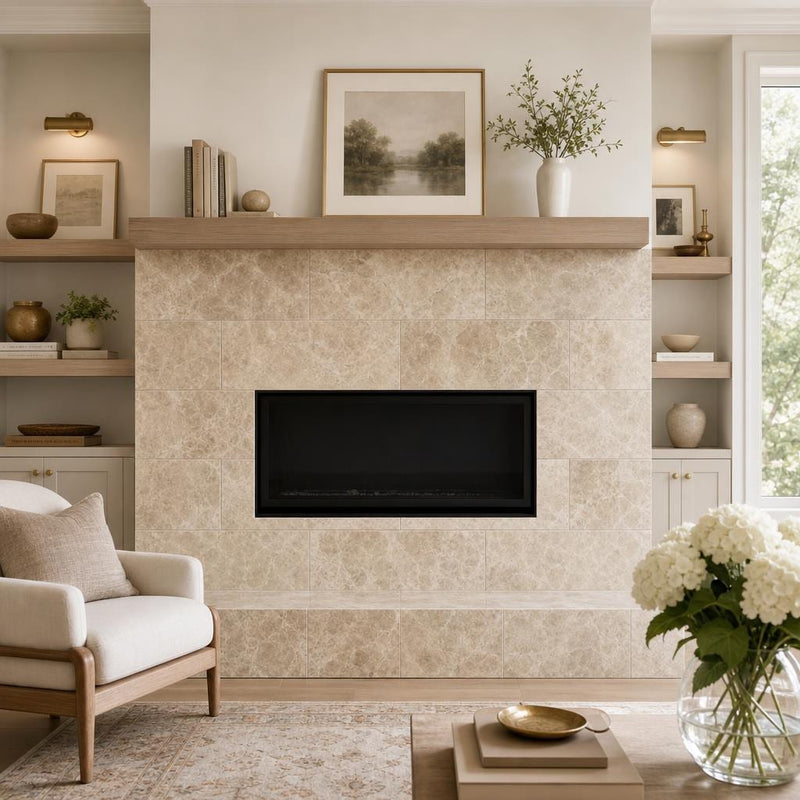 Emperador Light 12x24 Polished Marble Tile — Living Room fireplace surround