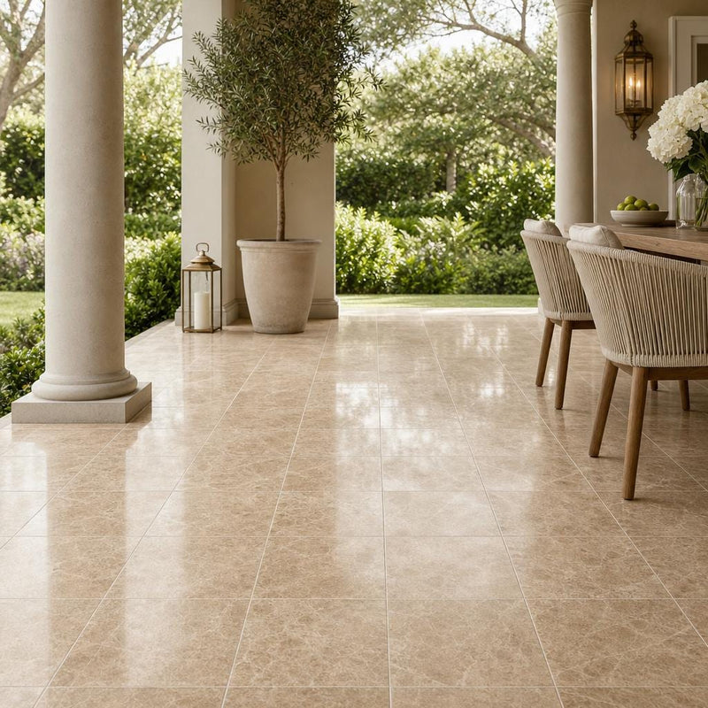 Emperador Light 18x18 Polished Marble Tile — Covered Patio floor