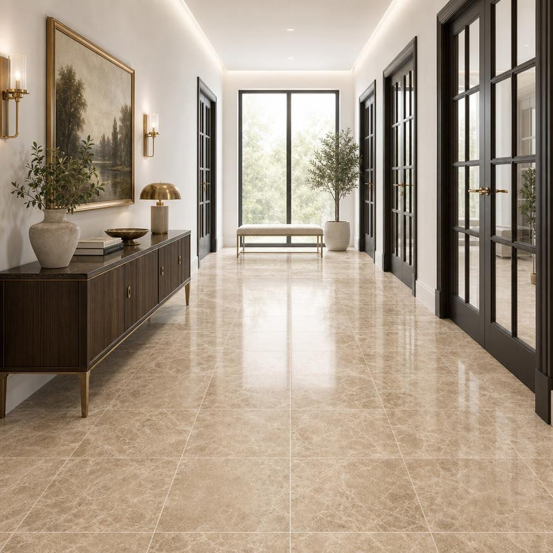 Emperador Light 18x18 Polished Marble Tile — Hallway floor