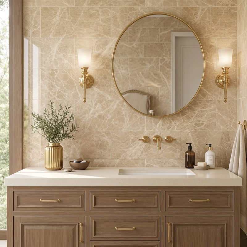 Emperador Light Marble 12x24 Polished Tile — Bathroom vanity wall