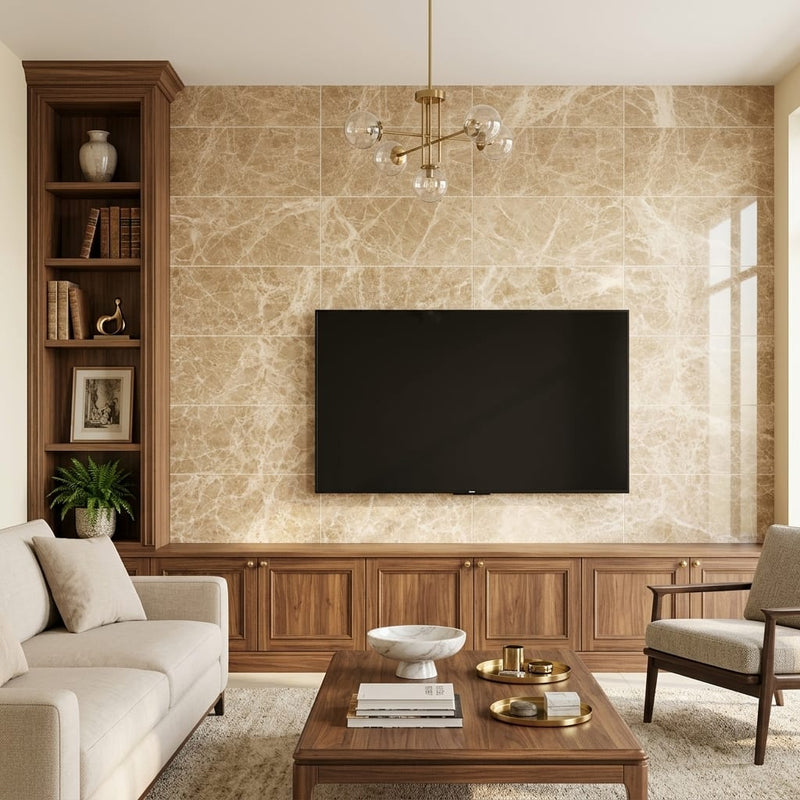 Emperador Light Marble 12x24 Polished Tile — Living Room feature wall