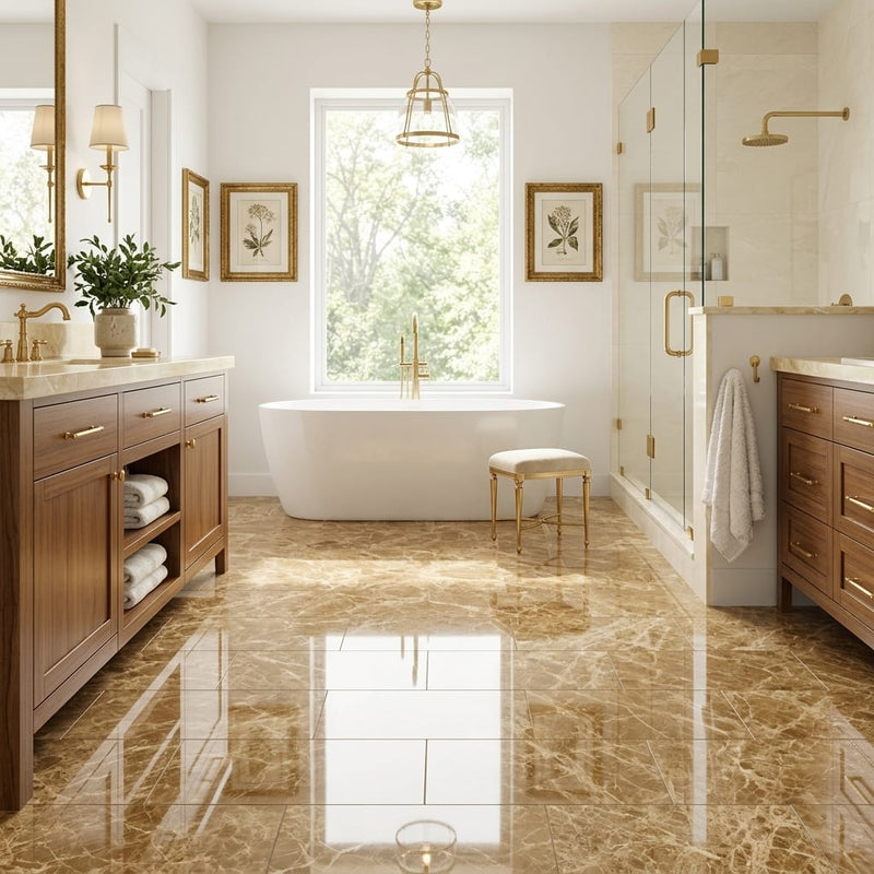 Emperador Light Marble 12x24 Polished Tile — Primary Bath floor