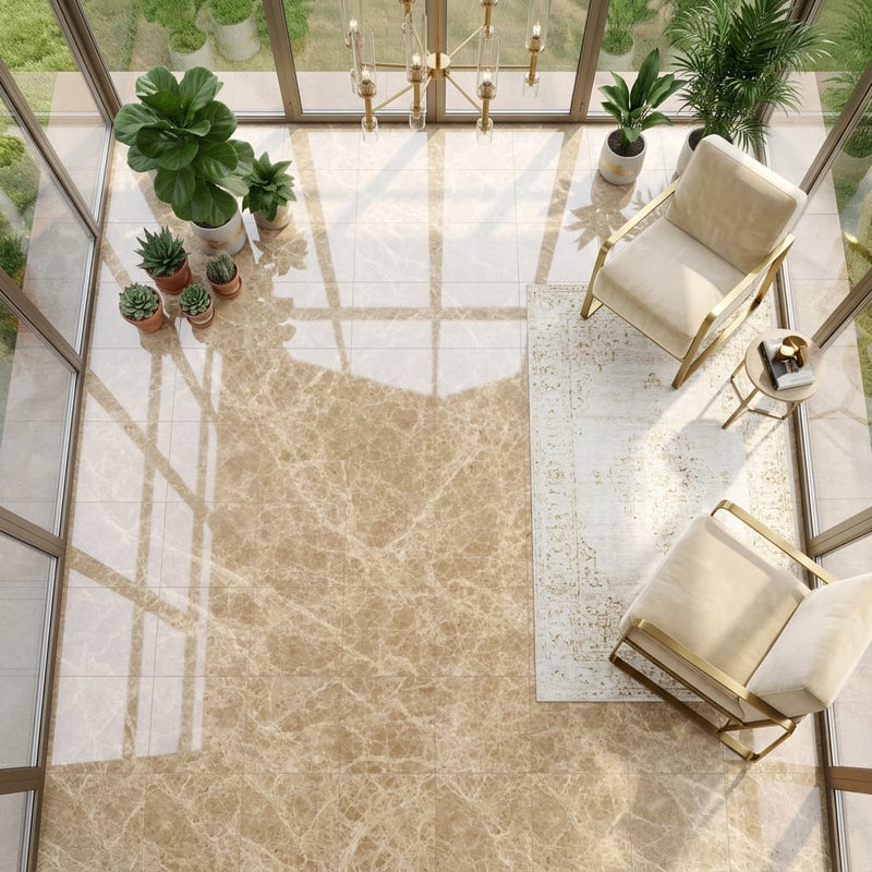 Emperador Light Marble 18x18 Polished Tile — Sunroom floor