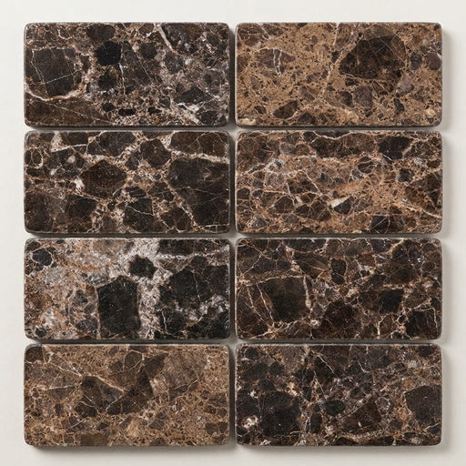 Emperador Light Marble 3x6 Tumbled Tile close-up