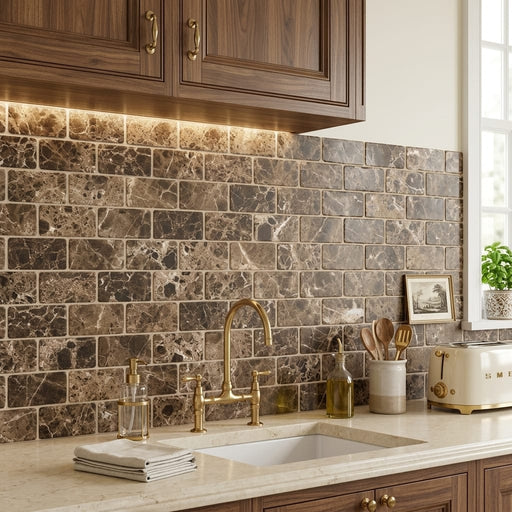 Emperador Light Marble 3x6 Tumbled Tile — Kitchen backsplash