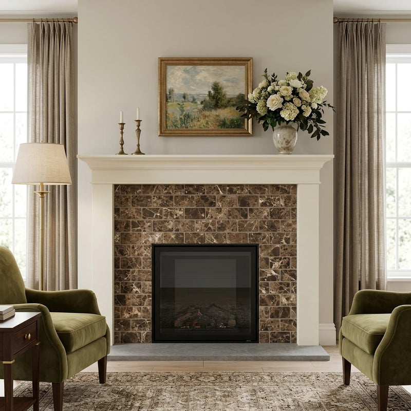Emperador Light Marble 3x6 Tumbled Tile — Living Room fireplace surround