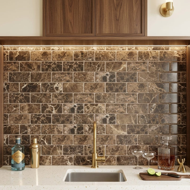 Emperador Light Marble 3x6 Tumbled Tile — Wet Bar backsplash
