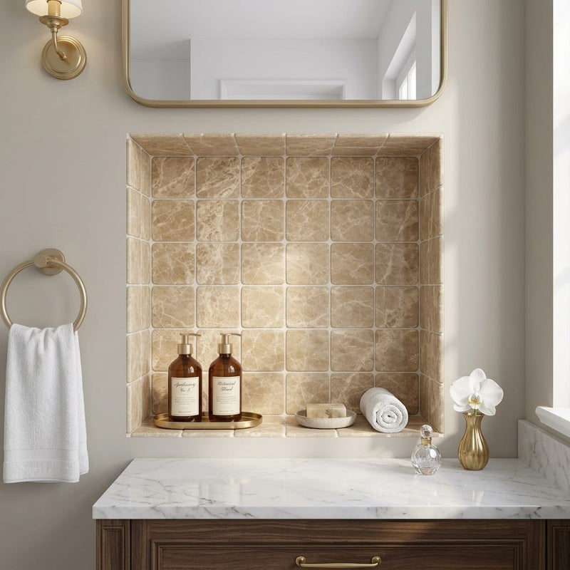 Emperador Light Marble 4x4 Tumbled Tile — Bathroom niche