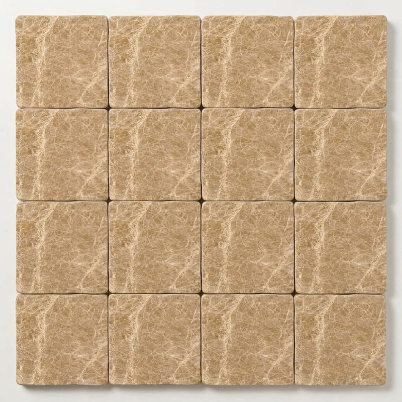 Emperador Light Marble 4x4 Tumbled Tile close-up