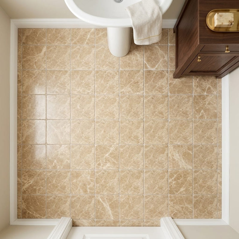 Emperador Light Marble 6x6 Tumbled Tile — Powder Room floor