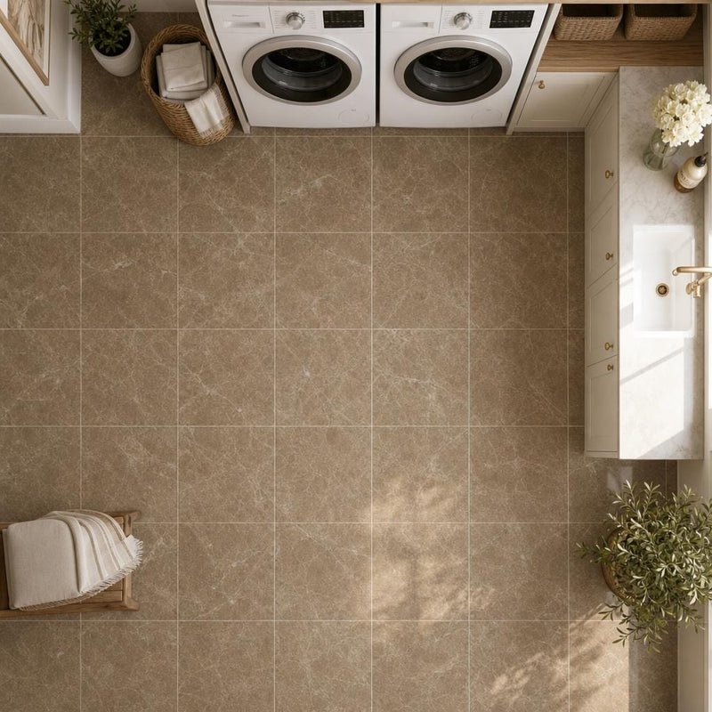 Emperador Light Turkish (Cedar) 12x12 Natural Marble Tile — Laundry Room floor