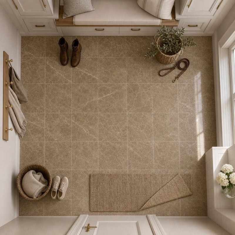 Emperador Light Turkish (Cedar) 12x12 Natural Marble Tile — Mudroom floor