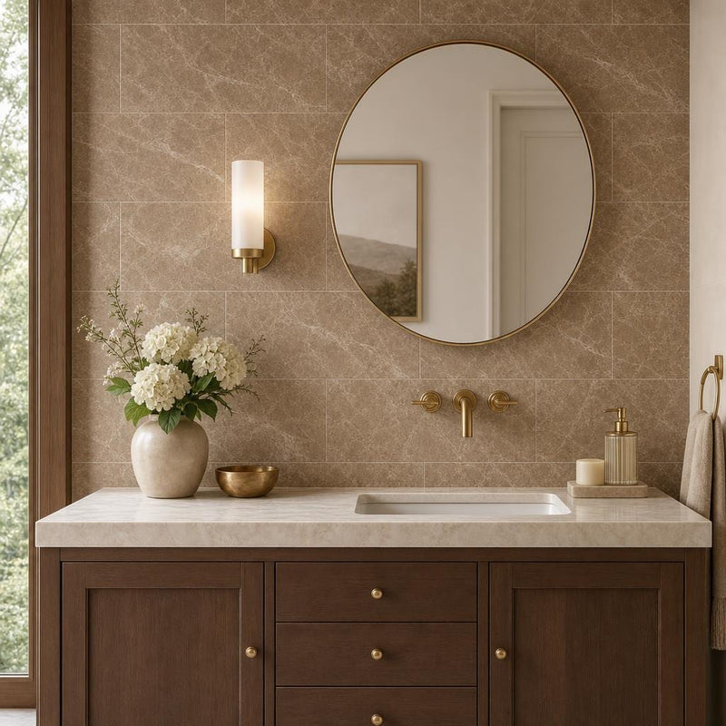 Emperador Light Turkish (Cedar) 12x24 Polished Veined Marble Tile — Bathroom vanity wall