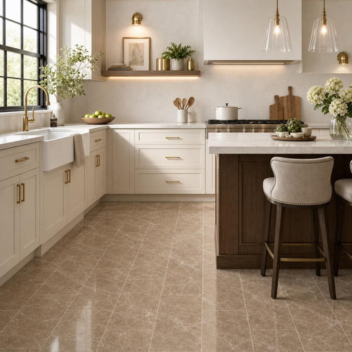 Emperador Light Turkish (Cedar) 12x24 Polished Veined Marble Tile — Kitchen floor