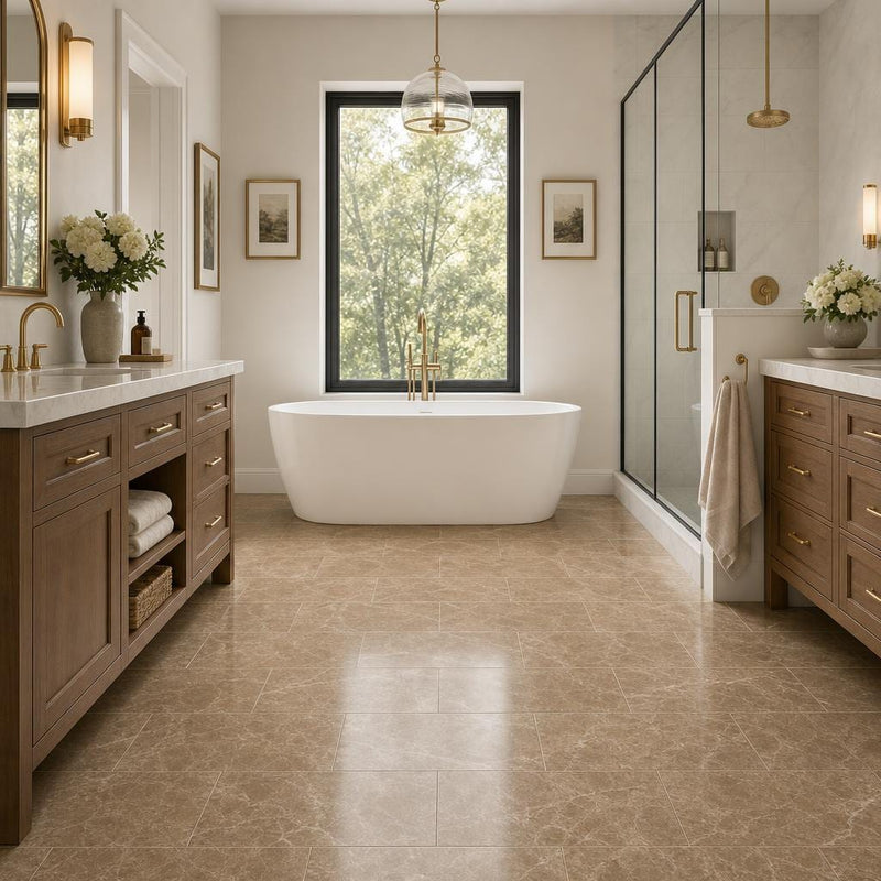 Emperador Light Turkish (Cedar) 12x24 Polished Veined Marble Tile — Primary Bath floor