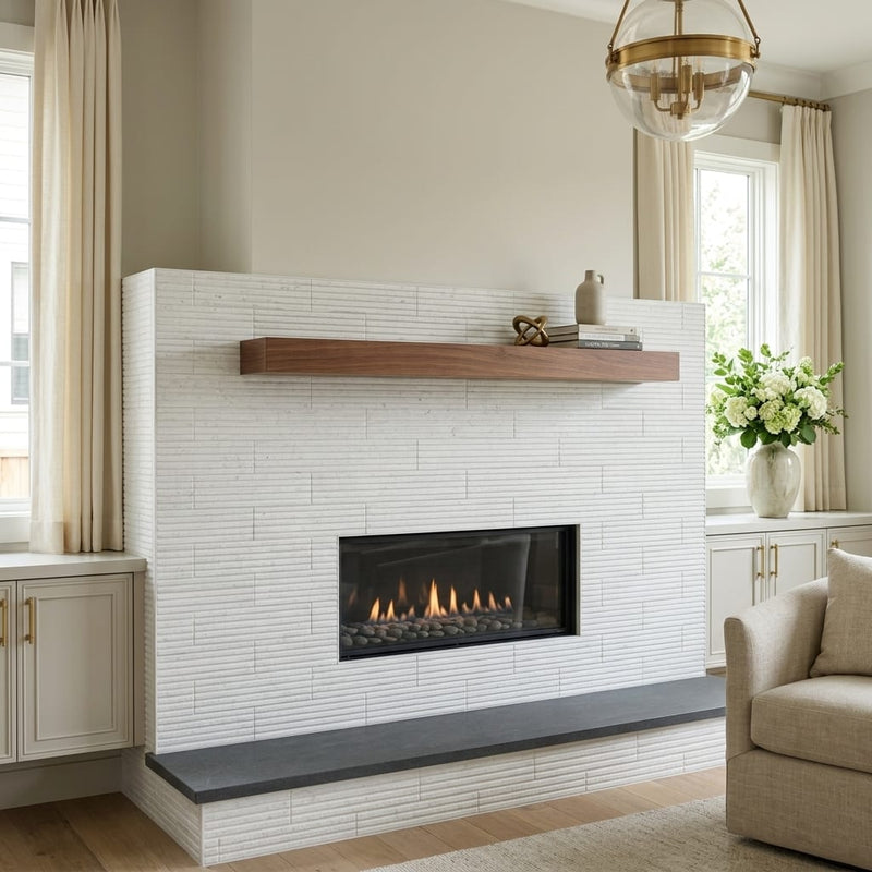 Empyrean Ice Marble Tile 4x20 5/8 inch 4x24 — Living Room fireplace surround