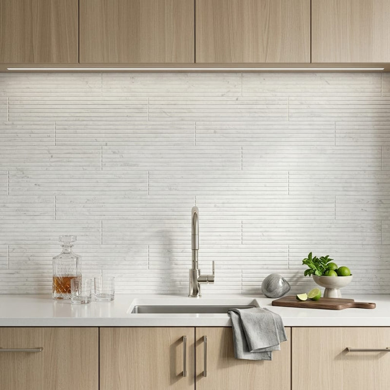 Empyrean Ice Marble Tile 4x20 5/8 inch 4x24 — Wet Bar backsplash