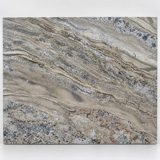 Enchanted Forest 3cm polished granite slab with flowing gray, beige, and dark mineral bands.