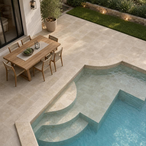 Travertine Coping in English Walnut - Tumbled Finish, 12x12-inch pool coping — Swimming Pool pool edge coping