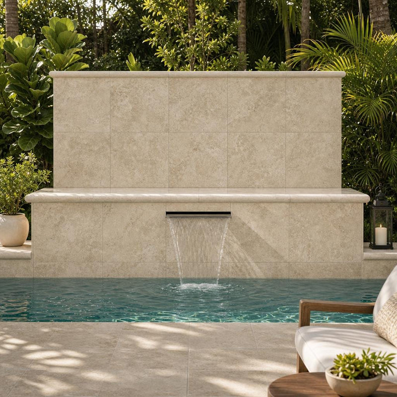 Travertine Coping in English Walnut - Tumbled Finish, 12x12-inch pool coping — Swimming Pool raised bond beam cap