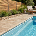 English Walnut Travertine Coping 12x12 Tumbled Bullnose 1.25 inch pool coping — Swimming Pool pool edge drop-face coping