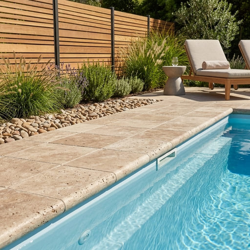 English Walnut Travertine Coping 12x12 Tumbled Bullnose 1.25 inch pool coping — Swimming Pool pool edge drop-face coping