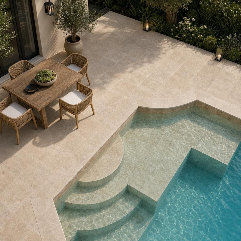 English Walnut Travertine Coping, Unfilled Honed 12x12 in pool coping — Swimming Pool pool edge coping