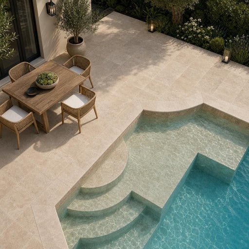 English Walnut Travertine Coping, Unfilled Honed 12x12 in pool coping — Swimming Pool pool edge coping